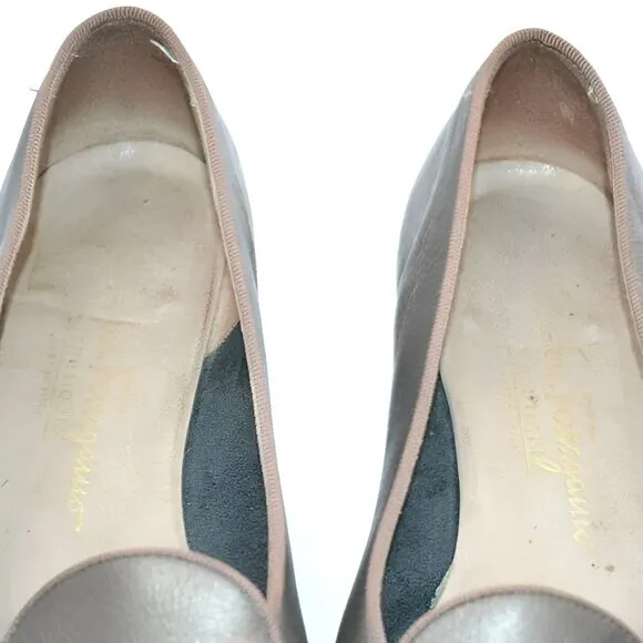 Salvatore Ferragamo Vintage Bow Bronze Pewter Taupe Leather Flats Loafers 8 AA