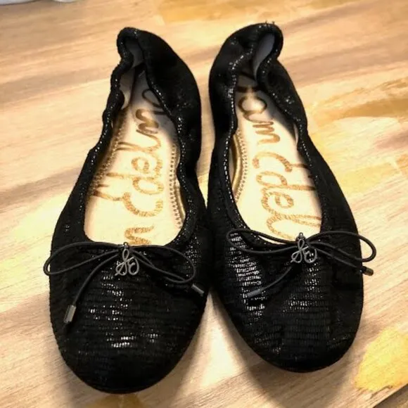 SAM EDELMAN Felicia Ballet Flats Metallic Black Embossed Leather SZ 6 New