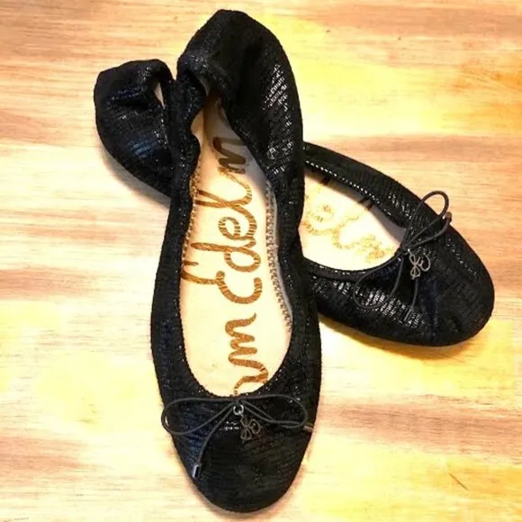 SAM EDELMAN Felicia Ballet Flats Metallic Black Embossed Leather SZ 6 New