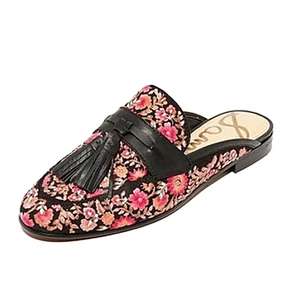 SAM EDELMAN Floral Tassel Embroidered Slide Slip‐On Loafer Mules EUC