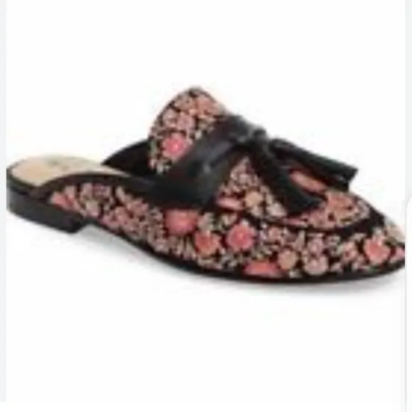 SAM EDELMAN Floral Tassel Embroidered Slide Slip‐On Loafer Mules EUC