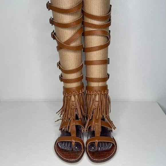 Sam Edelman Gardenia Sandals Womens 6.5 Cognac Gladiator Strappy Fringe Festival