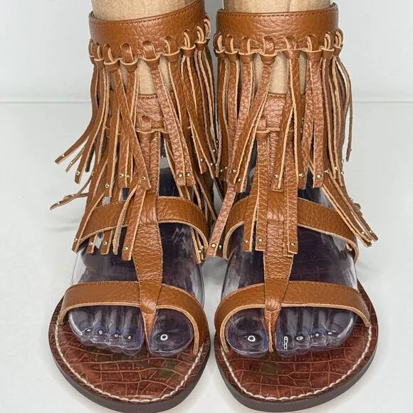 Sam Edelman Gardenia Sandals Womens 6.5 Cognac Gladiator Strappy Fringe Festival