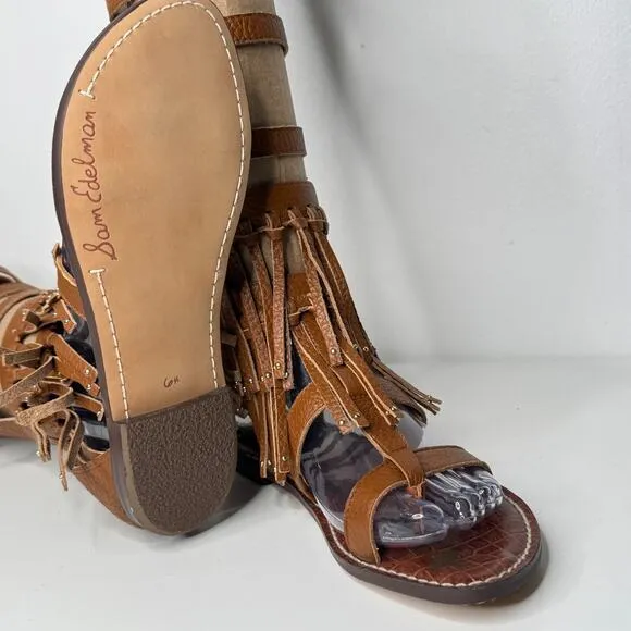 Sam Edelman Gardenia Sandals Womens 6.5 Cognac Gladiator Strappy Fringe Festival