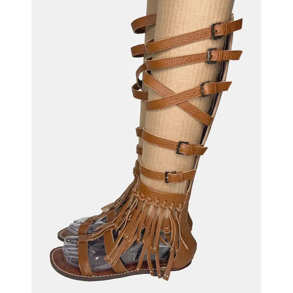 Sam Edelman Gardenia Sandals Womens 6.5 Cognac Gladiator Strappy Fringe Festival