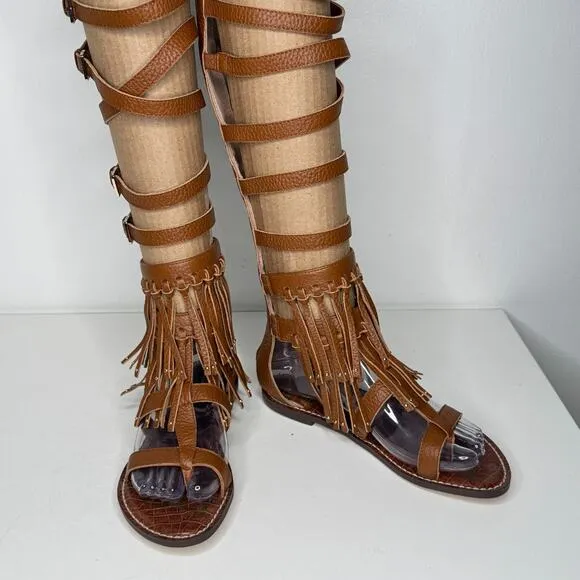 Sam Edelman Gardenia Sandals Womens 6.5 Cognac Gladiator Strappy Fringe Festival