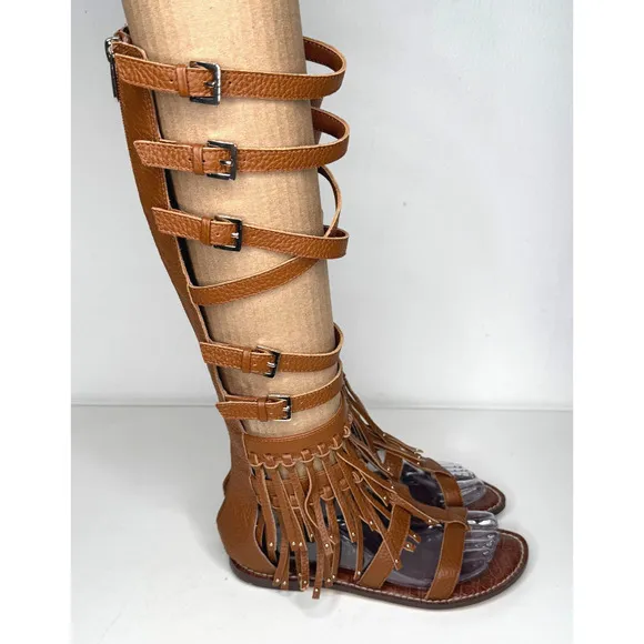 Sam Edelman Gardenia Sandals Womens 6.5 Cognac Gladiator Strappy Fringe Festival