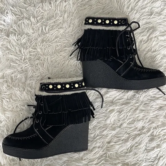 Sam Edelman Kemper Black Suede Fringe Ankle Boots Booties Size 7.5