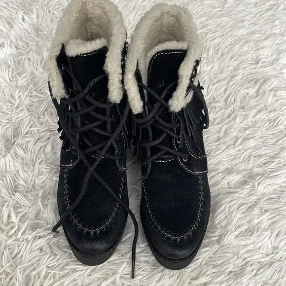Sam Edelman Kemper Black Suede Fringe Ankle Boots Booties Size 7.5