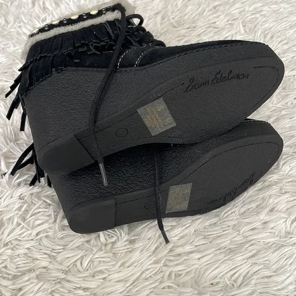 Sam Edelman Kemper Black Suede Fringe Ankle Boots Booties Size 7.5