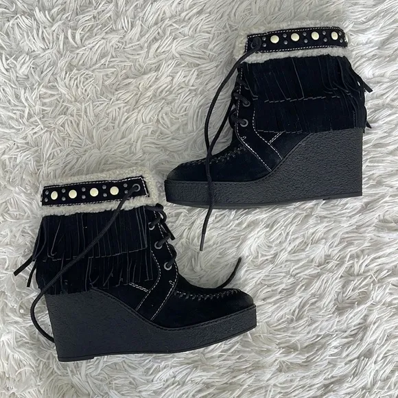 Sam Edelman Kemper Black Suede Fringe Ankle Boots Booties Size 7.5