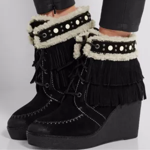 Sam Edelman Kemper Black Suede Fringe Ankle Boots Booties Size 7.5