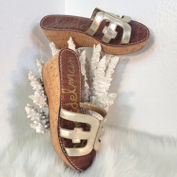 SAM EDELMAN REGIS LIGHT GOLD LEATHER PLATFORM WEDGE SLIDE SANDALS WOMENS SZ 9.5