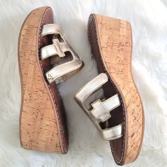 SAM EDELMAN REGIS LIGHT GOLD LEATHER PLATFORM WEDGE SLIDE SANDALS WOMENS SZ 9.5