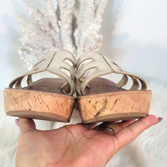 SAM EDELMAN REGIS LIGHT GOLD LEATHER PLATFORM WEDGE SLIDE SANDALS WOMENS SZ 9.5