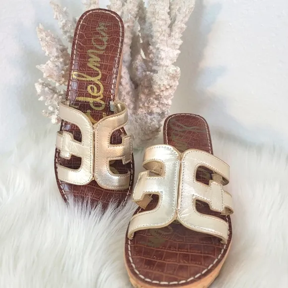 SAM EDELMAN REGIS LIGHT GOLD LEATHER PLATFORM WEDGE SLIDE SANDALS WOMENS SZ 9.5