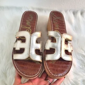 SAM EDELMAN REGIS LIGHT GOLD LEATHER PLATFORM WEDGE SLIDE SANDALS WOMENS SZ 9.5