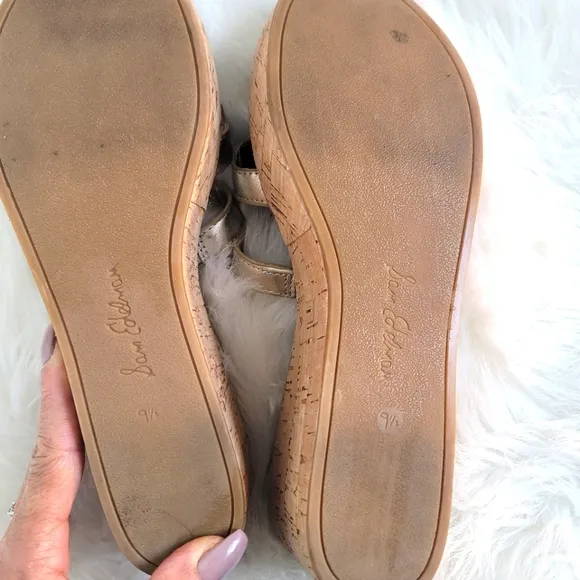 SAM EDELMAN REGIS LIGHT GOLD LEATHER PLATFORM WEDGE SLIDE SANDALS WOMENS SZ 9.5