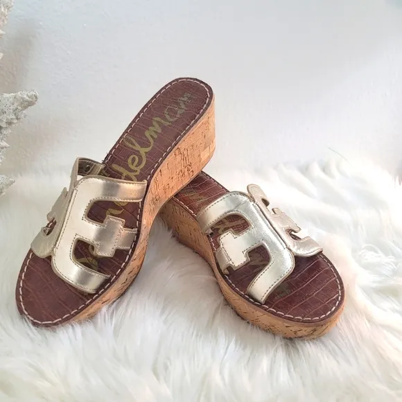 SAM EDELMAN REGIS LIGHT GOLD LEATHER PLATFORM WEDGE SLIDE SANDALS WOMENS SZ 9.5