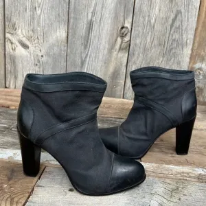 Sartore Paris Black Leather &amp; Canvas High Heeled Ankle Boots Bootie EU 39 US 8.5