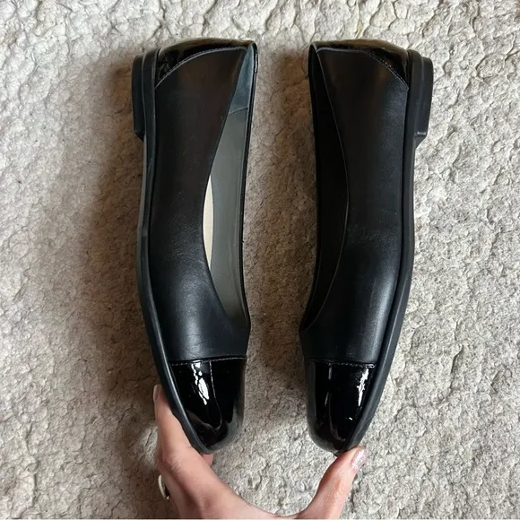 SAS: Black Leather Patent Leather Tip&amp; Heels Toes Slip On Ballet Flats Sz 11.5M