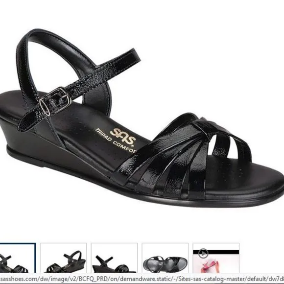 SAS Black Strappy Quarter Strap Patent Leather Wedge Sandals NWOT Sz 8N Tripad