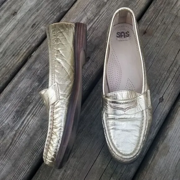 SAS Gold Tumbled Leather Moc Toe Moccasin Penny Loafers Grannycore Grandpacore