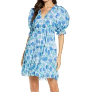 SAYLOR Leigha Blue Floral Short Sleeve V-neck Mini Dress Small
