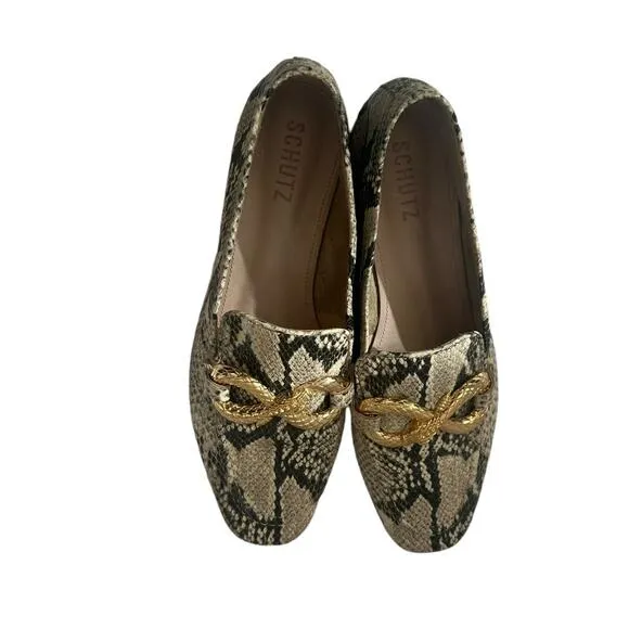 SCHUTZ Maggy Neutral Snakeskin Leather Flats Gold Snake Hardware Size 7.5