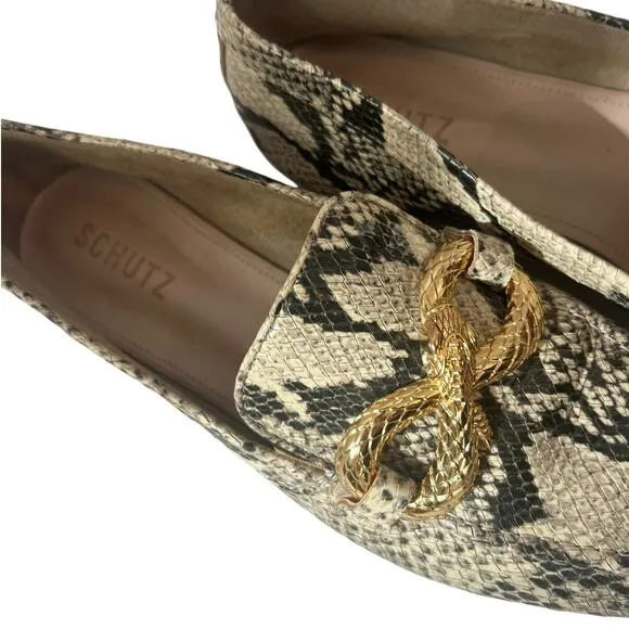 SCHUTZ Maggy Neutral Snakeskin Leather Flats Gold Snake Hardware Size 7.5