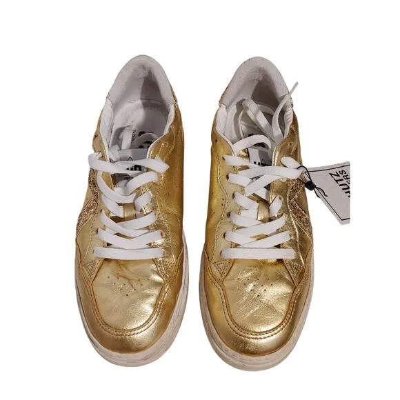 Schutz ST-BOLD Leather Sneakers Sequin Embellished Gold White Womens Size US 8B