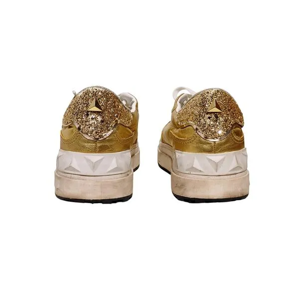 Schutz ST-BOLD Leather Sneakers Sequin Embellished Gold White Womens Size US 8B
