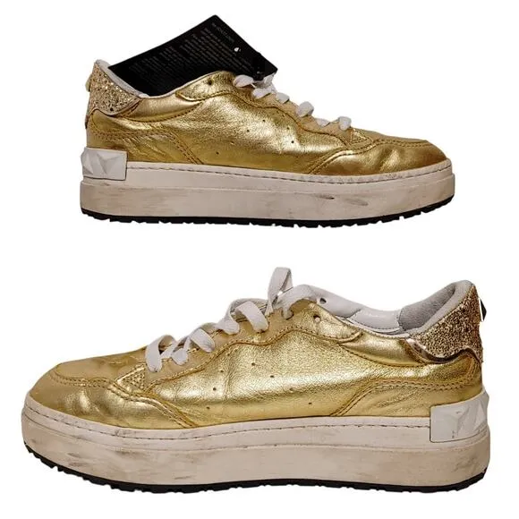 Schutz ST-BOLD Leather Sneakers Sequin Embellished Gold White Womens Size US 8B