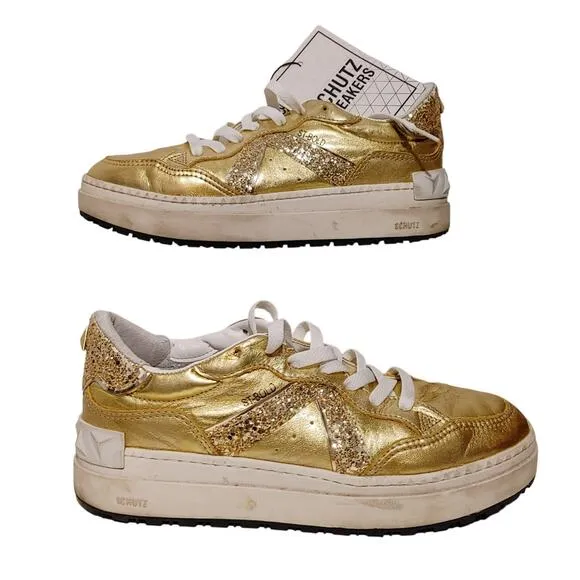 Schutz ST-BOLD Leather Sneakers Sequin Embellished Gold White Womens Size US 8B
