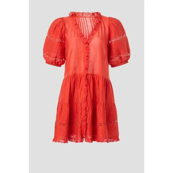 SEA NEW YORK Red 100% Cotton Antonina Puff Sleeve V-Neck Midi Dress Size Small