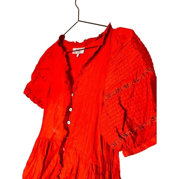 SEA NEW YORK Red 100% Cotton Antonina Puff Sleeve V-Neck Midi Dress Size Small