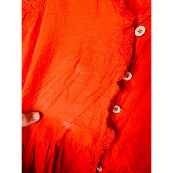 SEA NEW YORK Red 100% Cotton Antonina Puff Sleeve V-Neck Midi Dress Size Small