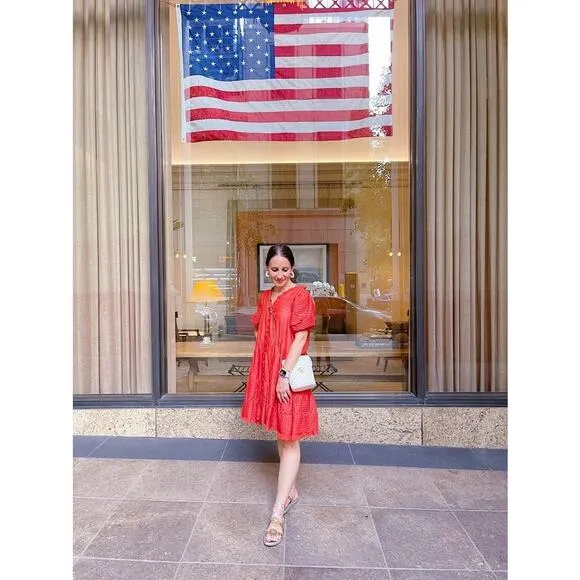 SEA NEW YORK Red 100% Cotton Antonina Puff Sleeve V-Neck Midi Dress Size Small