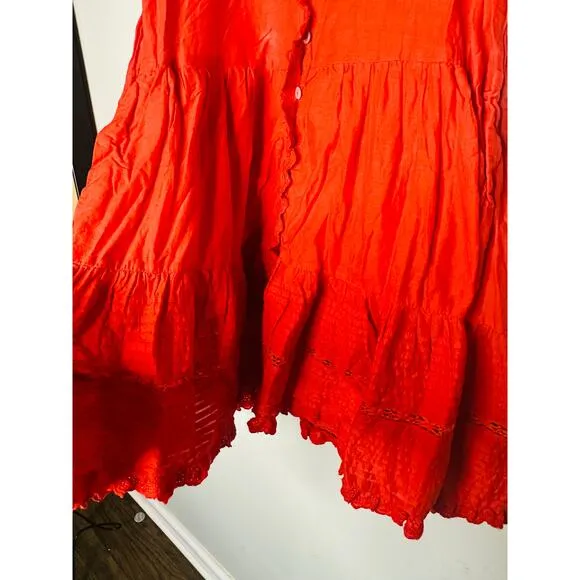 SEA NEW YORK Red 100% Cotton Antonina Puff Sleeve V-Neck Midi Dress Size Small