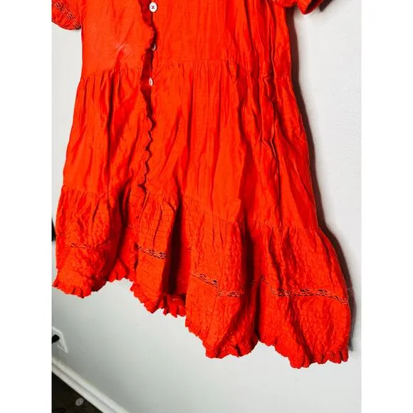 SEA NEW YORK Red 100% Cotton Antonina Puff Sleeve V-Neck Midi Dress Size Small