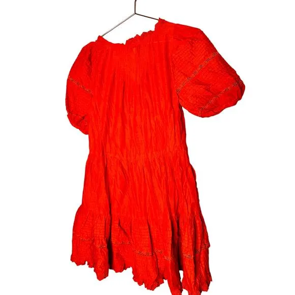 SEA NEW YORK Red 100% Cotton Antonina Puff Sleeve V-Neck Midi Dress Size Small