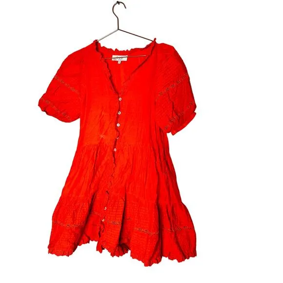 SEA NEW YORK Red 100% Cotton Antonina Puff Sleeve V-Neck Midi Dress Size Small