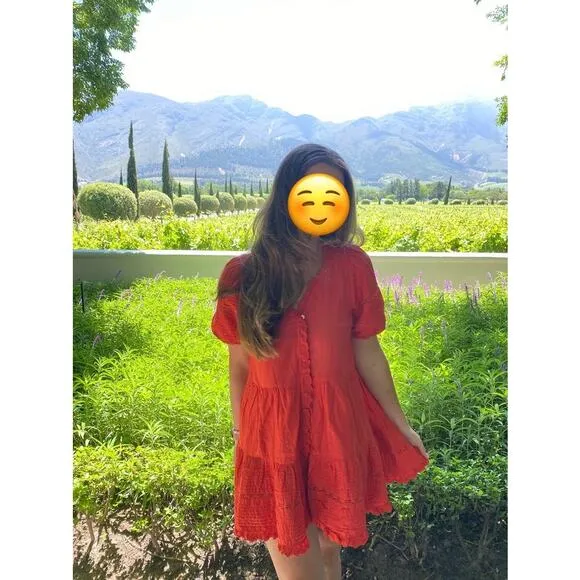SEA NEW YORK Red 100% Cotton Antonina Puff Sleeve V-Neck Midi Dress Size Small