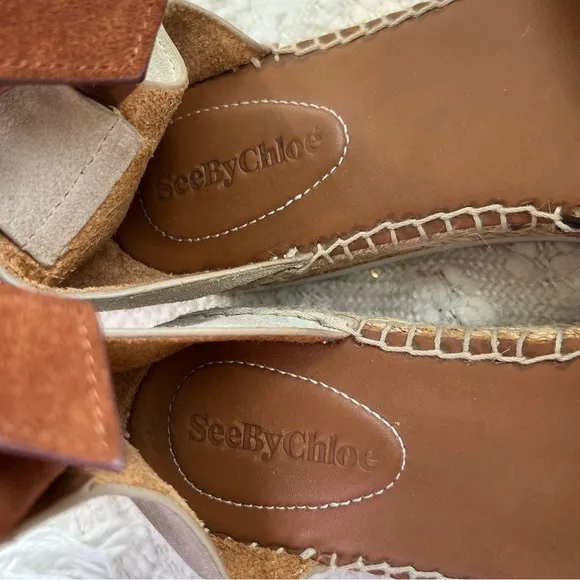 See By Chloe GLYN Shoes Brown/Beige Suede Ankle Strap Low Wedge Espadrilles 8