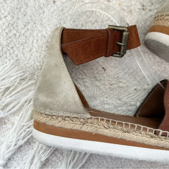 See By Chloe GLYN Shoes Brown/Beige Suede Ankle Strap Low Wedge Espadrilles 8