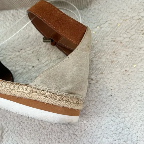 See By Chloe GLYN Shoes Brown/Beige Suede Ankle Strap Low Wedge Espadrilles 8
