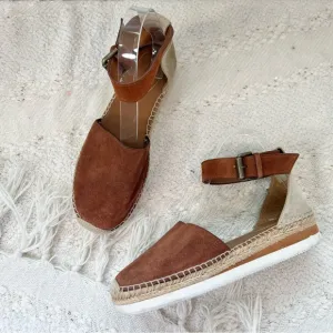 See By Chloe GLYN Shoes Brown/Beige Suede Ankle Strap Low Wedge Espadrilles 8