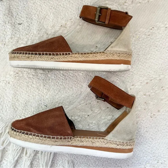 See By Chloe GLYN Shoes Brown/Beige Suede Ankle Strap Low Wedge Espadrilles 8