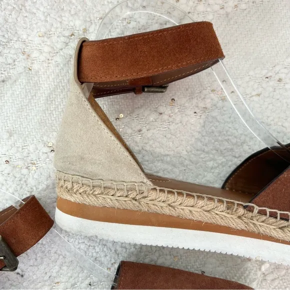 See By Chloe GLYN Shoes Brown/Beige Suede Ankle Strap Low Wedge Espadrilles 8
