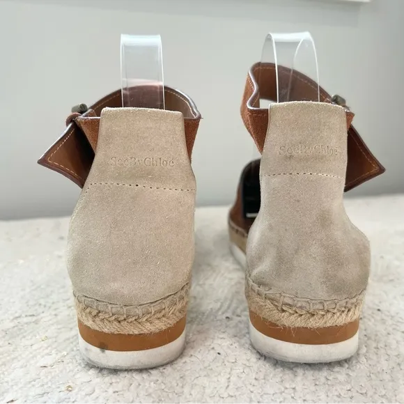 See By Chloe GLYN Shoes Brown/Beige Suede Ankle Strap Low Wedge Espadrilles 8